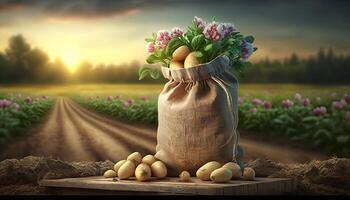 young potatoes in burlap sack on wooden table with blooming agricultural field on the background. photo