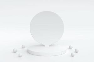 White cylinder pedestal podium and white curve shape backdrop with white ball. Luxury white minimal wall scene for product display presentation, 3d rendering photo