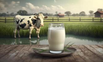 Glasses and fresh milk on a wooden table with cows on a meadow. photo