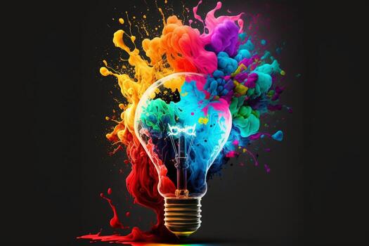 vistoso bulbo lámpara. ligero bulbo explota con vistoso pintar y salpicaduras aislado en negro. colores de vida. generativo ai. foto