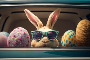 Cute Easter bunny in glasses looking out of a car filled with easter eggs, photo