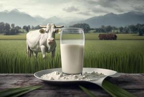 Glasses and fresh milk on a wooden table with cows on a meadow. photo