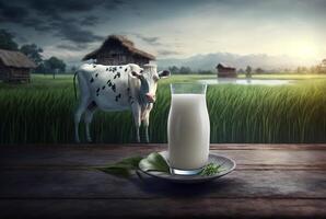 Glasses and fresh milk on a wooden table with cows on a meadow. photo