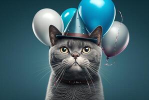 Illustration of a cute cat's birthday. With hat and balloon, photo