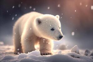 Cute baby polar bear in snow winter. photo