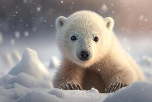 Cute baby polar bear in snow winter. photo