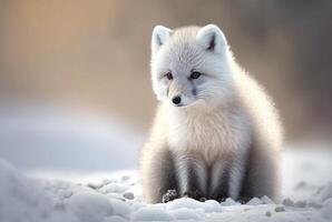 Arctic fox pup or Vulpes Lagopus in snow habitat, photo