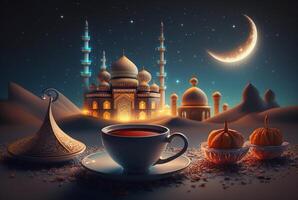 Festive ramadan kareem photo background with cup of tea and dates for iftar menu. illustration