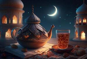 Festive ramadan kareem photo background with cup of tea and dates for iftar menu. illustration