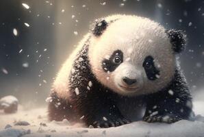 Cute Panda baby playing in snow winter, photo