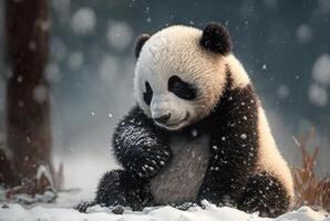 Cute Panda baby playing in snow winter, photo