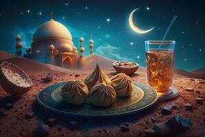 Festive ramadan kareem photo background with cup of tea and dates for iftar menu. illustration