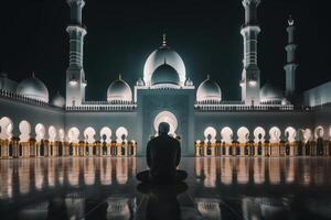 A Muslim man sitting in front of a beautiful and huge mosque. Night view of Muslim mosque illustration. Beautiful white mosque glowing on a night background. Beautiful religious concept. photo