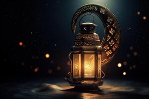 Beautiful Arabian lamp on the sand with a golden crescent on a dark background full of stars. Arabian lantern with a burning candle inside and a curved moon shape. Islamic illustration. . photo