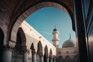 Arabian-style architecture illustration with beautiful design. Muslim mosque outside view with blue sky. Islamic mosque and holy place for prayer illustration. . photo