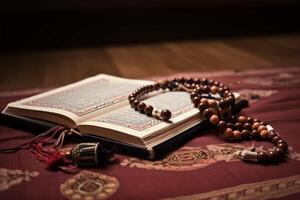 Muslim Quran recitation concept with an opened Quran on a prayer rug with beads. Islamic holy book Quran with Arabic design and prayer beads. Beautiful Islamic illustration. . photo