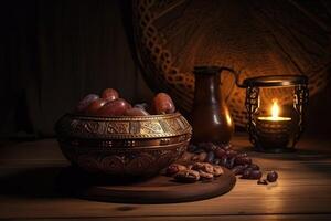 Sweet date in a golden bowl illustration with an Arabian lamp. Islamic culture food and Ramadan iftar bowl on a wooden table. Religious events of Muslims and food habit illustration. . photo