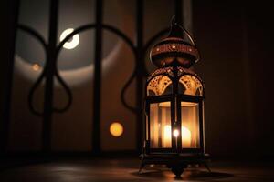 An Arabian lamp burning in the night beside a window. Beautiful arab night concept illustration with an Arabian lantern on a blurry background. Islamic holy night concept illustration. . photo