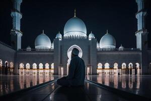 un piadoso musulmán hombre sentado en frente de un hermosa blanco mezquita. hermosa islámico arquitectura ver a noche tiempo. un hombre sesión, posterior ver en frente de un mezquita ilustración. generativo ai. foto