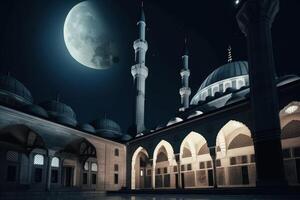 Beautiful Islamic mosque at night time with a huge moon. Muslim architecture and mosque with pillar and Arabic design. Islamic holy prayer place night time view with the full moon. . photo