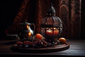 Beautiful Arabian lamp with a bowl of ripe date and juice jar. Muslim holy month of Ramadan concept with a date bowl. Islamic festival Ramadan iftar illustration with an Arabian lamp. . photo