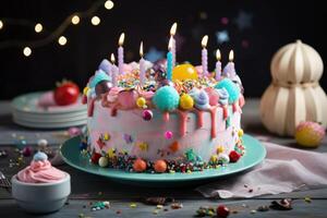 Birthday cake with lots of toppings and icing on the top. Special birthday cake illustration with colorful candles and fruits. Delicious cake with a cream cup and bokeh effects. . photo