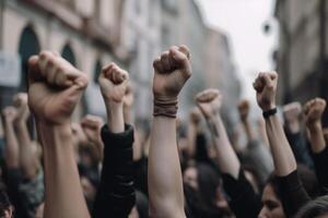 manifestantes levantamiento su puño y gritos en un borroso paisaje urbano antecedentes. humano movimiento y protesta concepto con realista puños humano protestando en un ciudad por levantamiento su puños generativo ai. foto