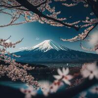 Japanese cherry blossom with mount Fuji on the background. Realistic cherry blossom sakura flower branch with beautiful lake and mountain view. Pink cherry blossom and mount Fuji. . photo