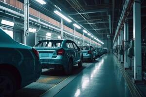 High tech vehicle assembly line in a car industry. Modern car factory and assembly line illustration. SUV car making industry. Automobile company assembly line with realistic SUV cars. . photo