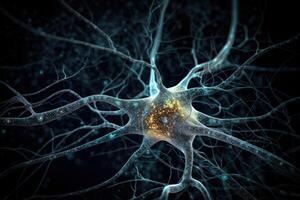 Realistic brain neurons are energized with the electric charge on a dark background. Active nerve cell concept. Human neural system 3D illustration. 3D brain cells with charged neurons. . photo