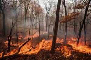 un bosque en un fuego fatuo y denso fumar. peligroso fuego en un selva con oscuro naranja fuego. árbol ardiente en un fuego fatuo y creando un lote de fuma realista seco árbol bosque en fuego. generativo ai. foto