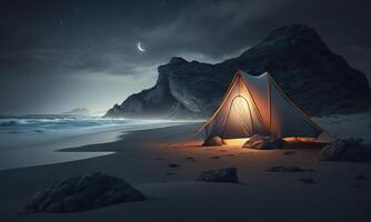 Illuminated tent camping wild on the beach under the night sky, . photo