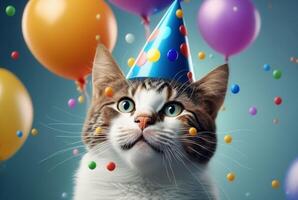 Illustration of a cute cat's birthday. With hat and balloon, photo