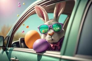 Cute Easter bunny in glasses looking out of a car filled with easter eggs, photo