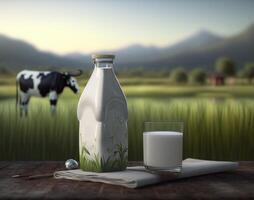 Glasses and fresh milk on a wooden table with cows on a meadow. photo