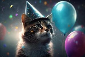 Illustration of a cute cat's birthday. With hat and balloon, photo