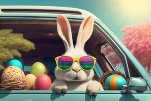 Cute Easter bunny in glasses looking out of a car filled with easter eggs, photo