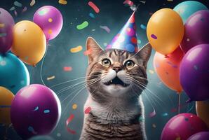 Illustration of a cute cat's birthday. With hat and balloon, photo