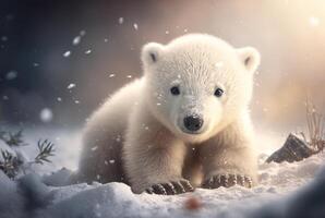 Cute baby polar bear in snow winter. photo