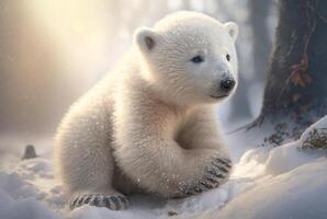 Cute baby polar bear in snow winter. photo