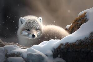 Arctic fox pup or Vulpes Lagopus in snow habitat, photo