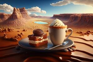 Cup of tea with dessert on beautiful landscape background. photo