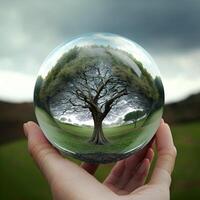 Holding tree in a ball with nature background, photo