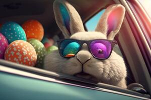 Cute Easter bunny in glasses looking out of a car filled with easter eggs, photo