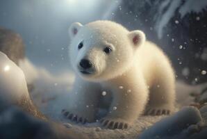 Cute baby polar bear in snow winter. photo