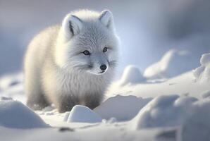 Arctic fox pup or Vulpes Lagopus in snow habitat, photo