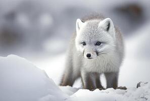 Arctic fox pup or Vulpes Lagopus in snow habitat, photo