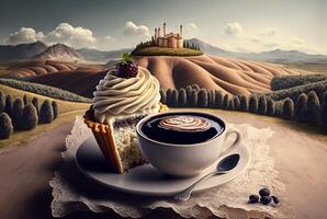 Cup of tea with dessert on beautiful landscape background. photo