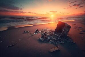 basura por el playa con puesta de sol. generativo ai foto