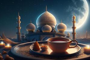 Festive ramadan kareem photo background with cup of tea and dates for iftar menu. illustration